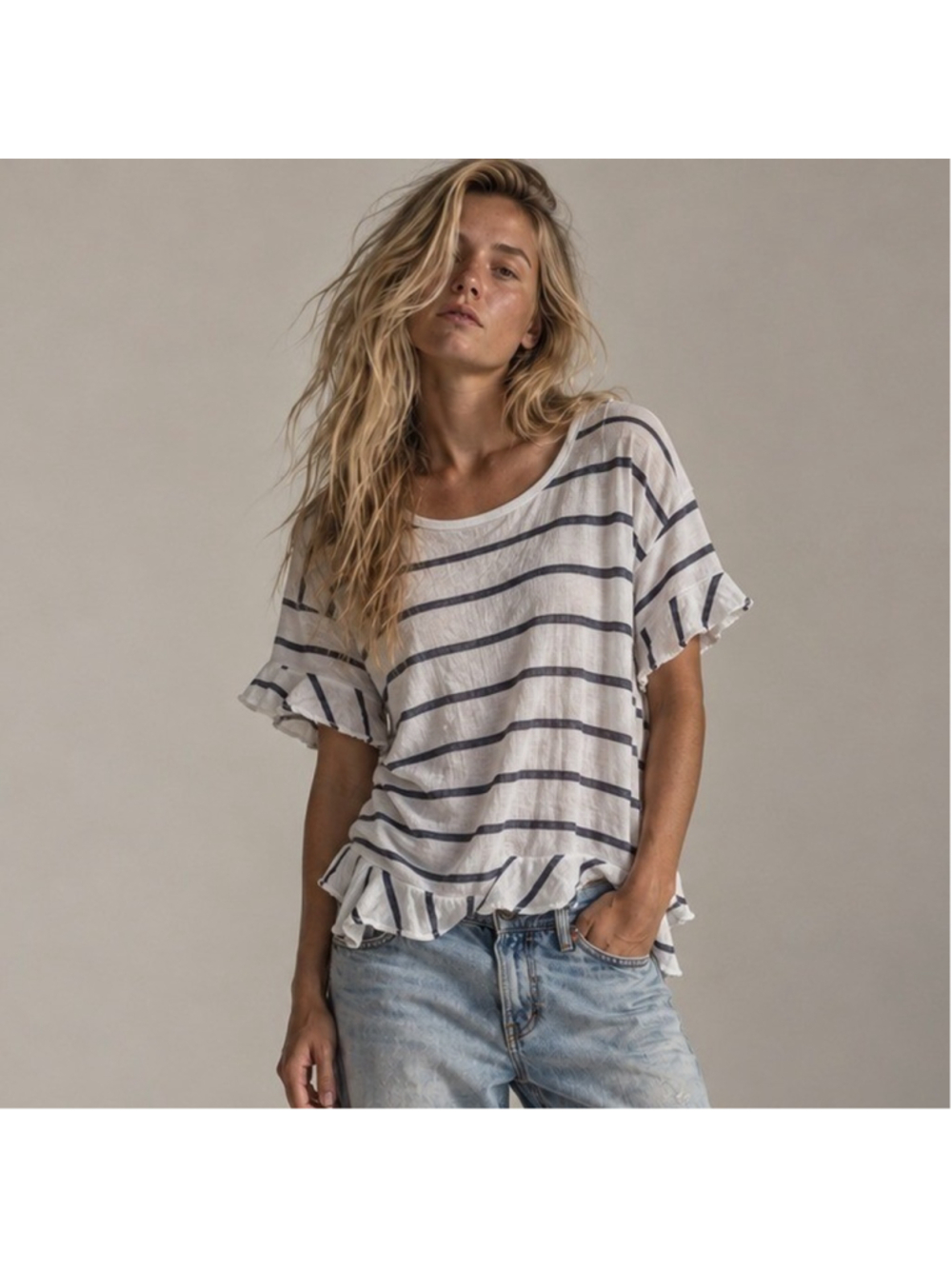Chaser Cotton Gauze Stripe Ruffle Sleeve Asymmetrical Split Back Top Sz S